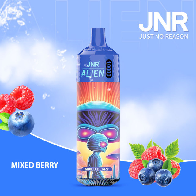 JNR Alien 10,000 puffs vape in mixed berries flavor, illustrated with blueberry and raspberry in the background.