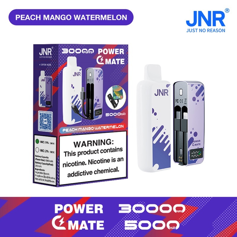 JNR Power Mate 30000 Puffs vape featuring peach mango watermelon flavor and showing the vape and vape box.
