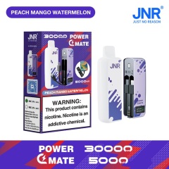 JNR Power Mate 30000 Puffs vape featuring peach mango watermelon flavor and showing the vape and vape box.