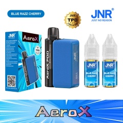 JNR AeroX 32000 Puffs vape featuring blue razz cherry flavor and showing the vape, vape box and vape juices.