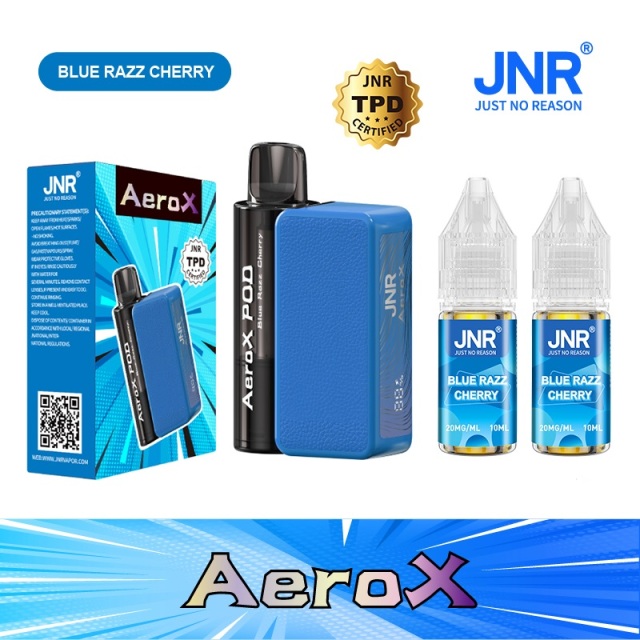 JNR AeroX 32000 Puffs vape featuring blue razz cherry flavor and showing the vape, vape box and vape juices.