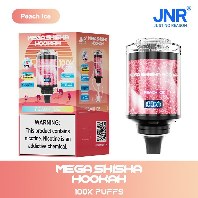 JNR Mega Shisha Hookah 100K Puffs Vape featruing peach ice flavor showing the vape and vape box.