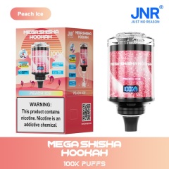JNR Mega Shisha Hookah 100K Puffs Vape featruing peach ice flavor showing the vape and vape box.