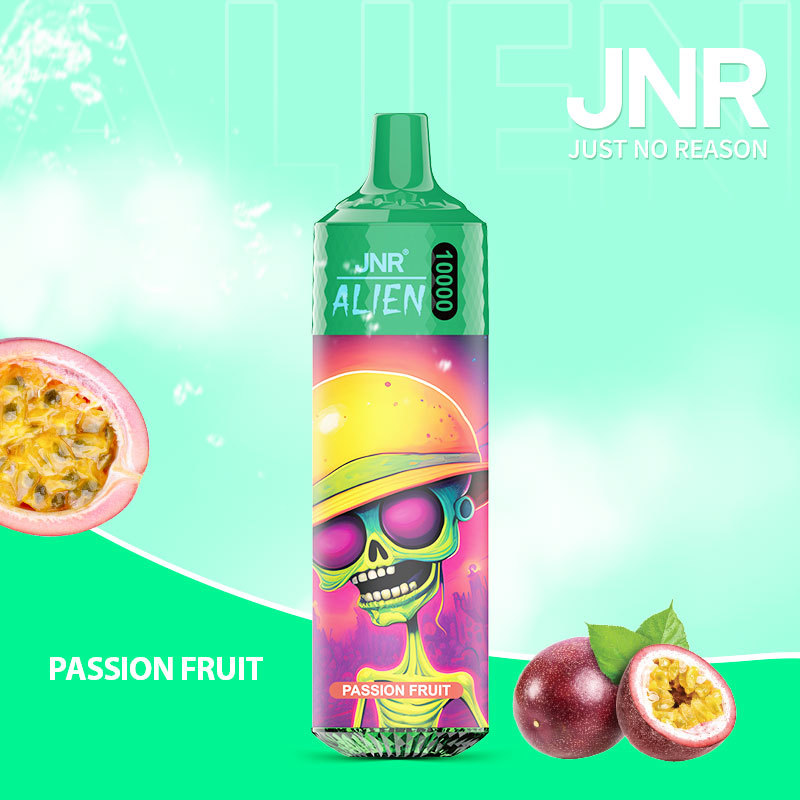 JNR Alien 10,000 puffs vape in passion fruit flavor, illustrated with passion fruit background.