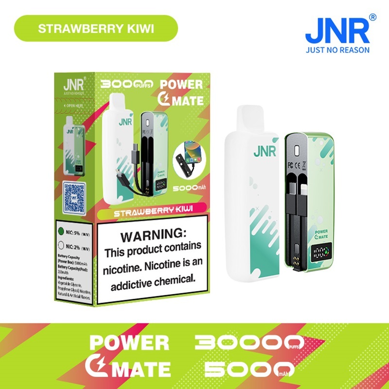 JNR Power Mate 30000 Puffs vape featuring strawberry kiwi flavor and showing the vape and vape box.