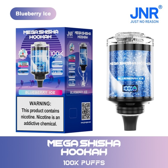 JNR Mega Shisha Hookah 100K Puffs Vape in blueberry ice flavor showing the vape and vape box.