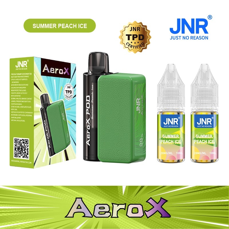 JNR AeroX 32000 Puffs vape featuring summer peach ice flavor and showing the vape, vape box and vape juices.