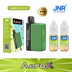 JNR AeroX 32000 Puffs vape featuring summer peach ice flavor and showing the vape, vape box and vape juices.