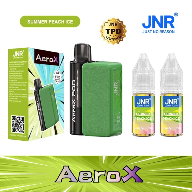 JNR AeroX 32000 Puffs vape featuring summer peach ice flavor and showing the vape, vape box and vape juices.