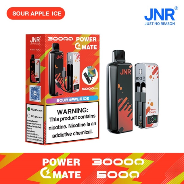 JNR Power Mate 30000 Puffs vape featuring sour apple ice flavor and showing the vape and vape box.