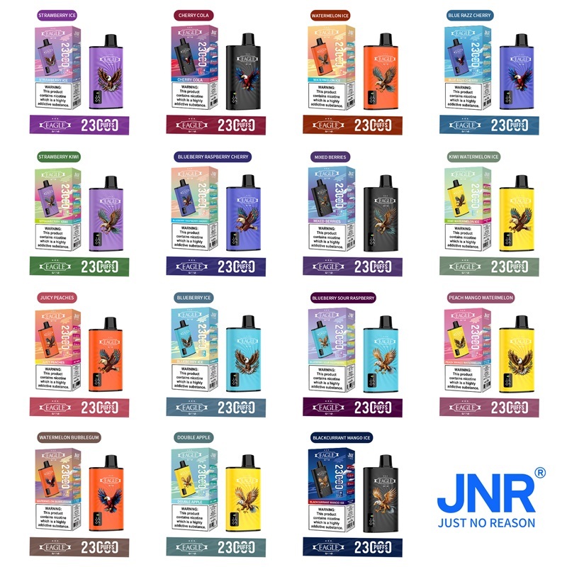 JNR Eagle 23000 Puffs vape featuring various flavors and their packaging.