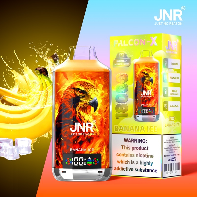 JNR Falcon-X 18000 Puffs Vape in banana ice flavor with banana and ice in the picture background.