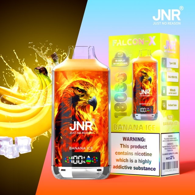 JNR Falcon-X 18000 Puffs Vape in banana ice flavor with banana and ice in the picture background.
