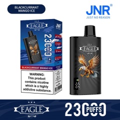 JNR Eagle 23000 Puffs vape featuring blackcurrant mango ice flavor and showing the vape and vape box.