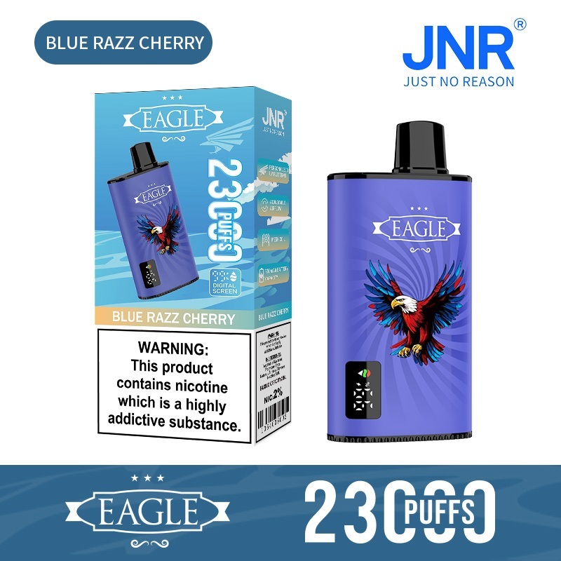 JNR Eagle 23000 Puffs vape featuring blue razz cherry flavor and showing the vape and vape box.