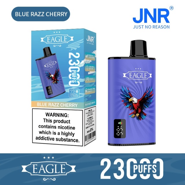 JNR Eagle 23000 Puffs vape featuring blue razz cherry flavor and showing the vape and vape box.