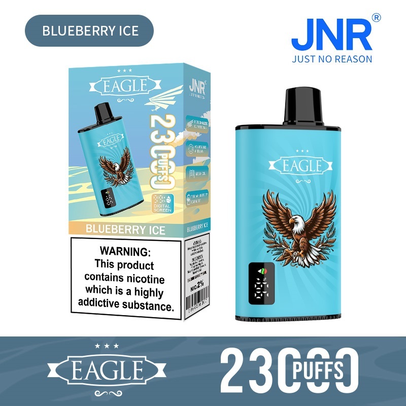 JNR Eagle 23000 Puffs vape featuring blueberry ice flavor and showing the vape and vape box.
