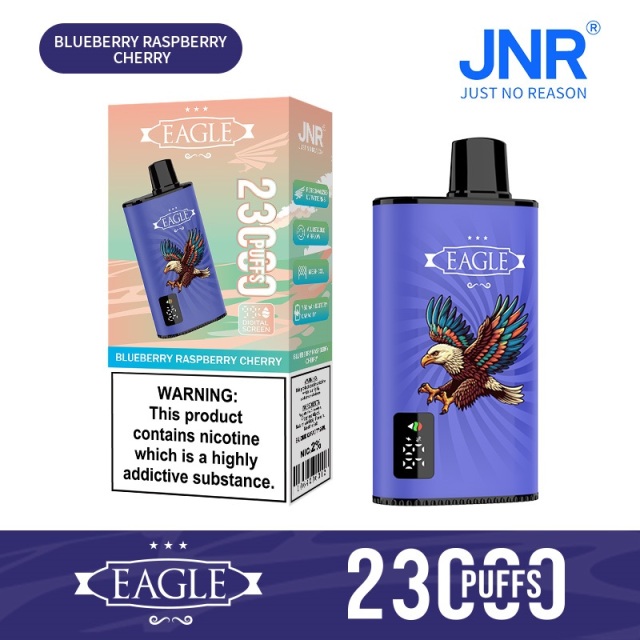 JNR Eagle 23000 Puffs vape featuring blueberry raspberry cherry flavor and showing the vape and vape box.