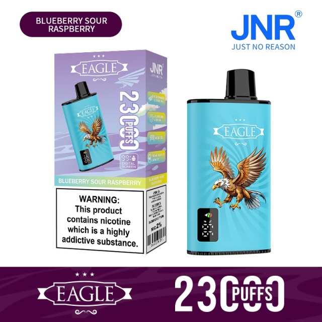 JNR Eagle 23000 Puffs vape featuring blueberry sour rapsberry flavor and showing the vape and vape box.
