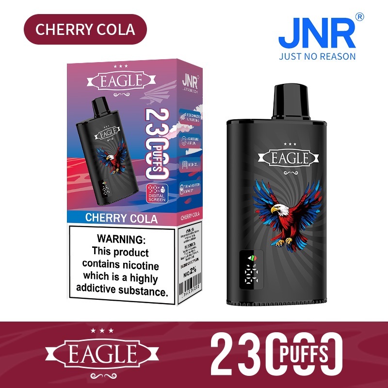 JNR Eagle 23000 Puffs vape featuring cherry cola flavor and showing the vape and vape box.