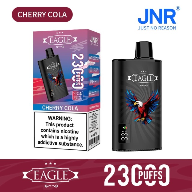 JNR Eagle 23000 Puffs vape featuring cherry cola flavor and showing the vape and vape box.