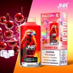 JNR Falcon-X 18000 Puffs Vape in cherry ice flavor with cherry and ice in the picture background.