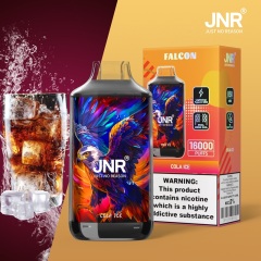 JNR Falcon 16000 Puffs Vape in cola ice flavor with cola and ice in the background