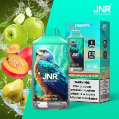JNR Falcon 16000 Puffs Vape in green apple peach pear flavor with green apple, peach and pear in the background