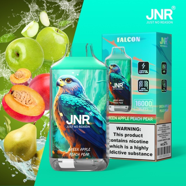 JNR Falcon 16000 Puffs Vape in green apple peach pear flavor with green apple, peach and pear in the background