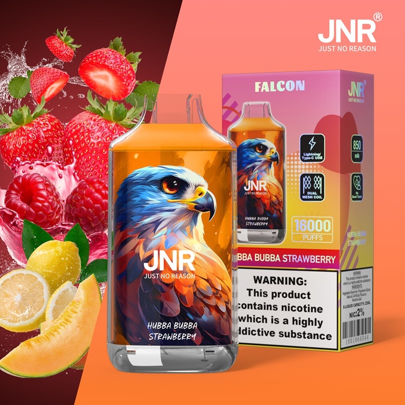 JNR Falcon 16000 Puffs Vape in hubba bubba strawberry flavor with strawberry, red raspberry, lemon and guava in the background