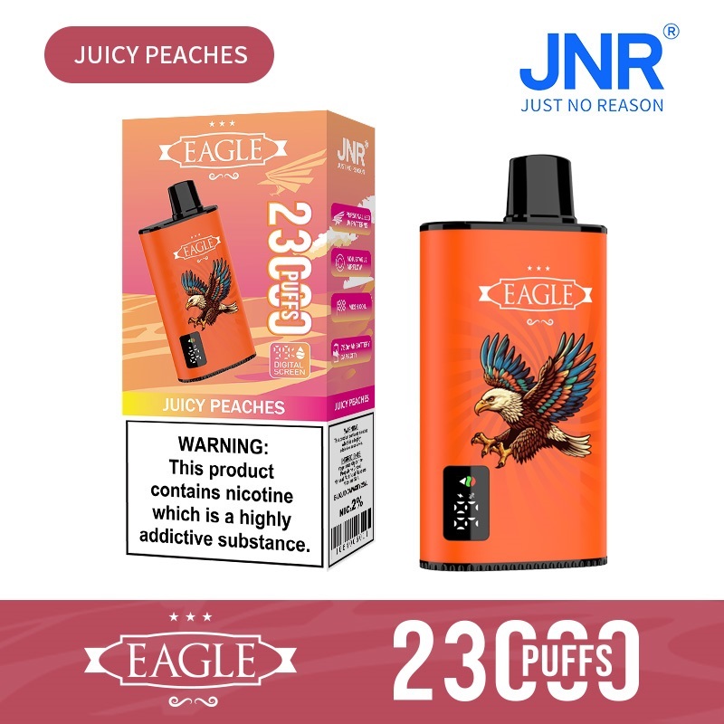 JNR Eagle 23000 Puffs vape featuring juicy peaches flavor and showing the vape and vape box.
