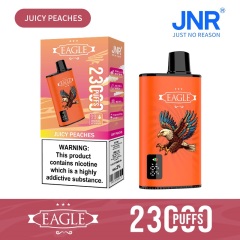 JNR Eagle 23000 Puffs vape featuring juicy peaches flavor and showing the vape and vape box.