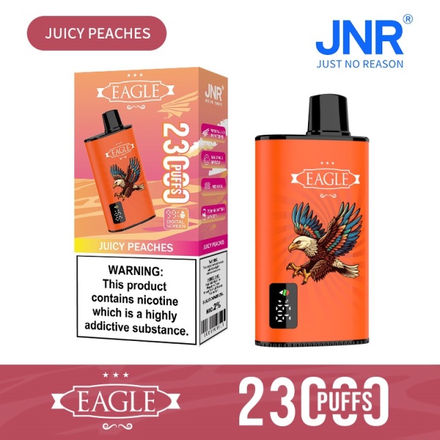 JNR Eagle 23000 Puffs vape featuring juicy peaches flavor and showing the vape and vape box.