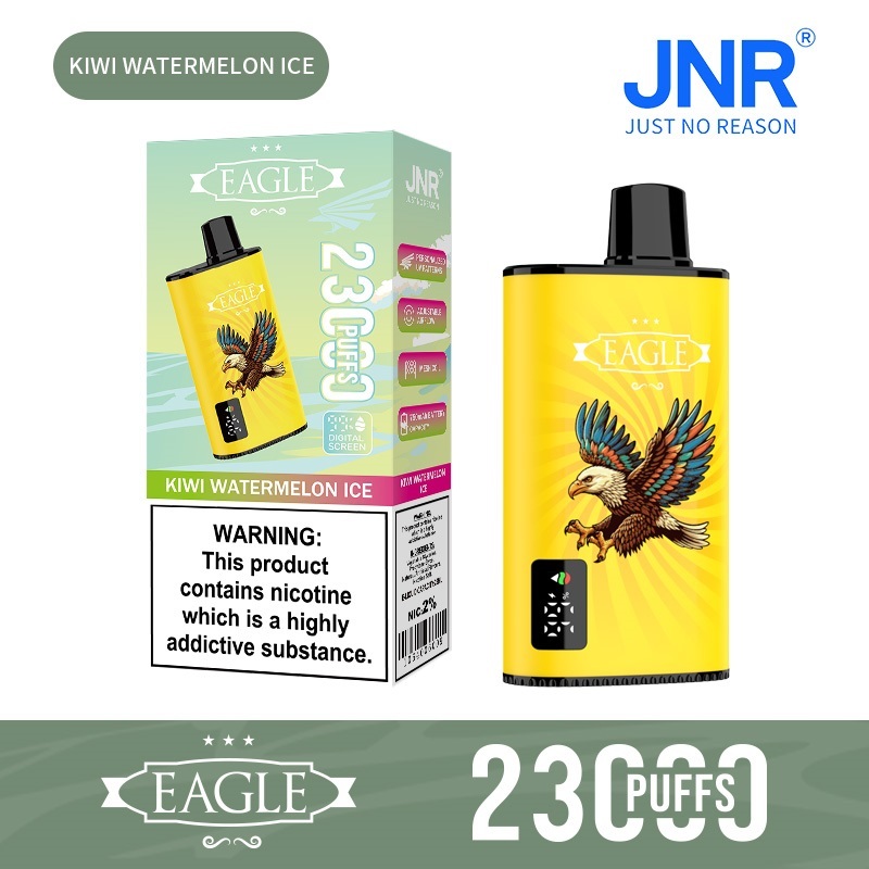 JNR Eagle 23000 Puffs vape featuring kiwi watermelon ice flavor and showing the vape and vape box.