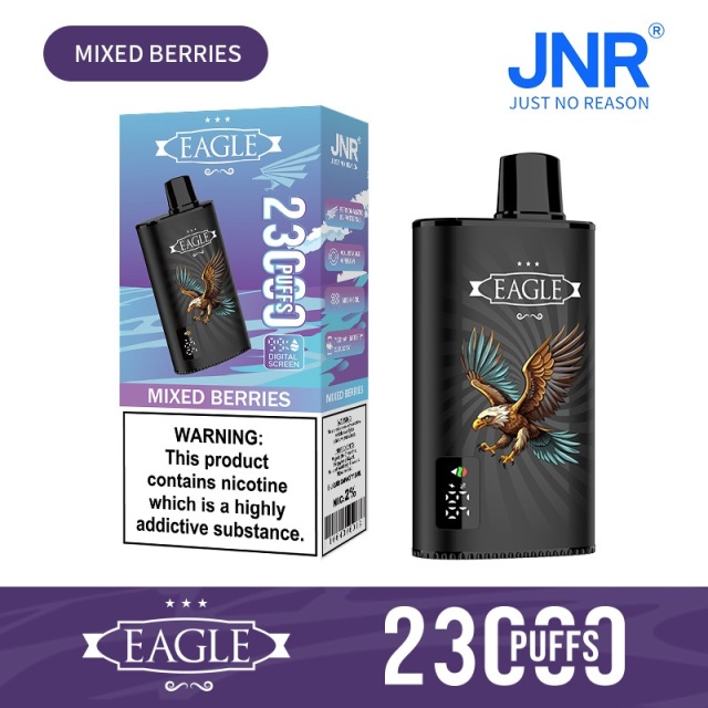 JNR Eagle 23000 Puffs vape featuring mixed berries flavor and showing the vape and vape box.
