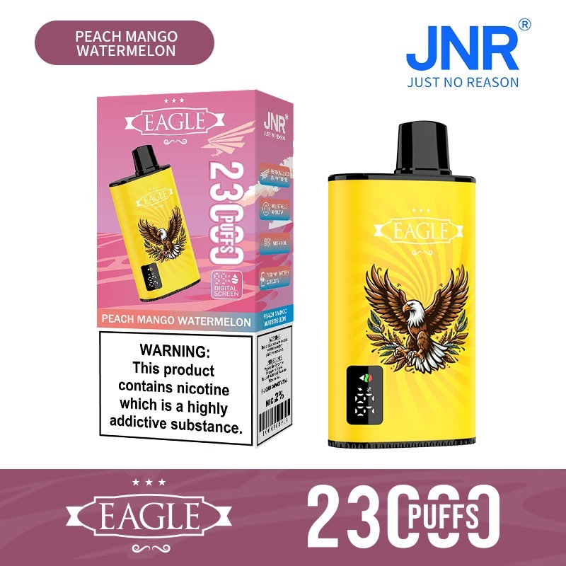 JNR Eagle 23000 Puffs vape featuring peach mango watermelon flavor and showing the vape and vape box.