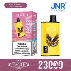 JNR Eagle 23000 Puffs vape featuring peach mango watermelon flavor and showing the vape and vape box.