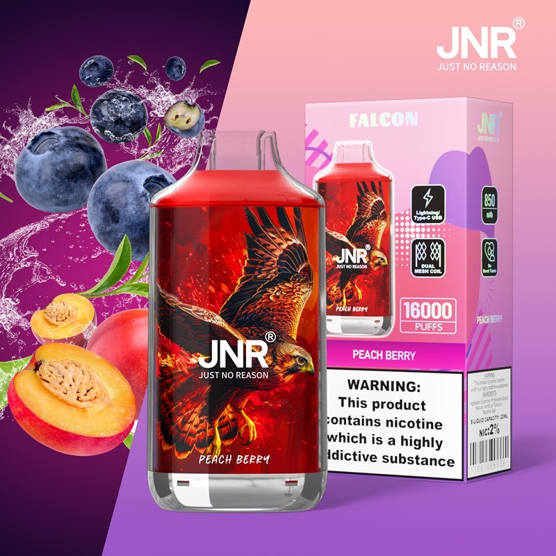 JNR Falcon 16000 Puffs Vape in peach berry flavor with peach and blackberry in the background