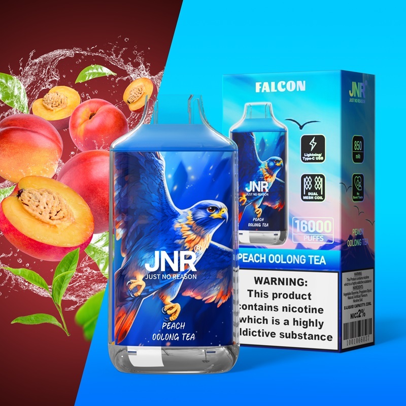 JNR Falcon 16000 Puffs Vape in peach oolong tea flavor with peach and mint in the background