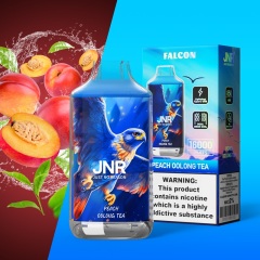 JNR Falcon 16000 Puffs Vape in peach oolong tea flavor with peach and mint in the background