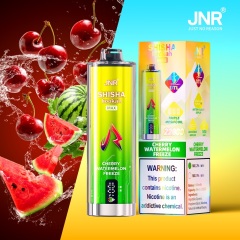 JNR Mega Shisha Hookah Max of Cherry Watermelon Freeze flavor with 22,000 puffs and showing watermelon and cherries in the background.