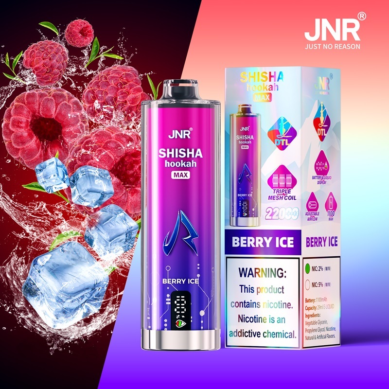 JNR Mega Shisha Hookah Max of Berry Ice flavor with 22,000 puffs and showing raspberry and ice in the background.
