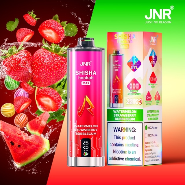 JNR Mega Shisha Hookah Max of watermelon strawberry bubblegum with 22,000 puffs and showing watermelon, strawberry and bubblegum in the background.