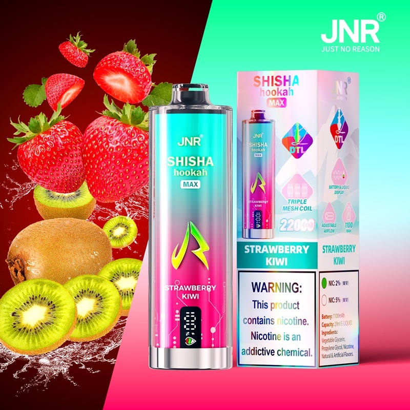 JNR Mega Shisha Hookah Max of strawberry kiwi with 22,000 puffs and showing strawberry and kiwi in the background.
