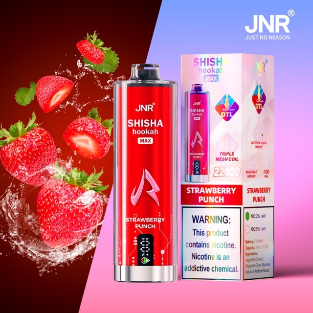 JNR Mega Shisha Hookah Max of strawberry punch flavor with 22,000 puffs and showing strawberry in the background.