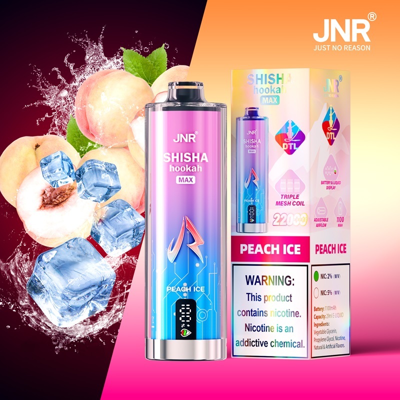 JNR Mega Shisha Hookah Max of peach ice with 22,000 puffs and showing peach and ice in the background.