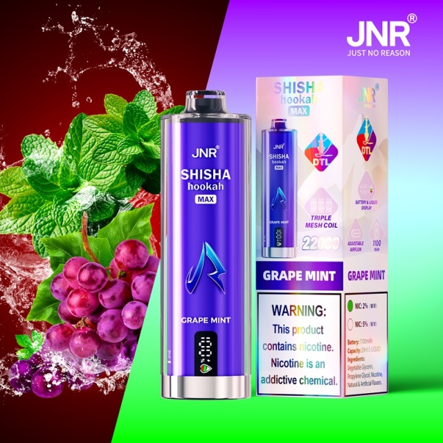 JNR Mega Shisha Hookah Max of grape mint flavor with 22,000 puffs and showing grapes and mint in the background.