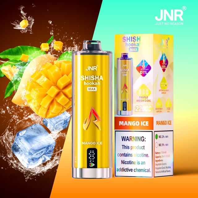 JNR Mega Shisha Hookah Max of mango ice flavor with 22,000 puffs and showing mango and ice in the background.