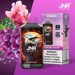 JNR Falcon 16000 Puffs Vape in sakura grape flavor with sakura flower and grape in the background