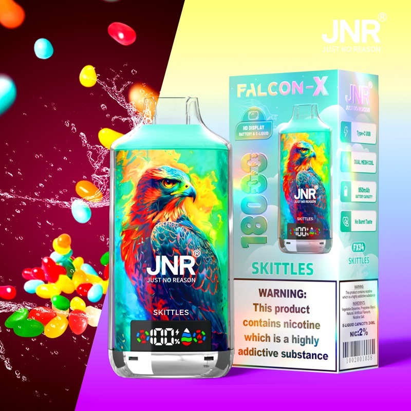 JNR Falcon-X 18000 Puffs Vape in skittles flavor with skittles in the picture background.